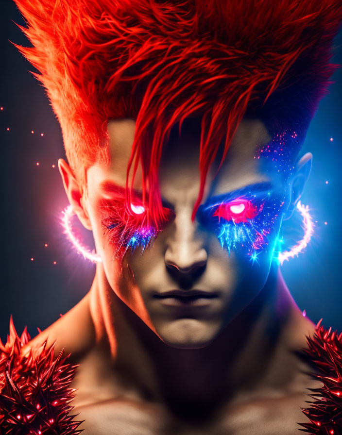Vibrant red spiky hair and glowing blue and red eyes on dark background