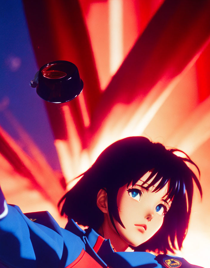 Black-Haired Female Character in Red-and-Blue Outfit with Blue Eyes and Cap on Red Background