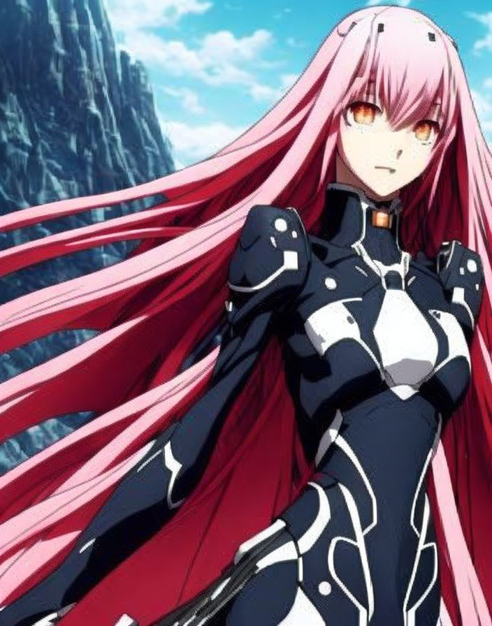 Pink-haired animated character in black and white armor against blue sky