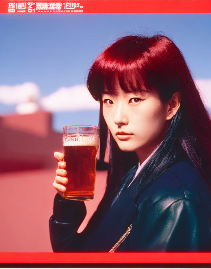 Red-haired woman holding beer glass with East Asian script on red backdrop