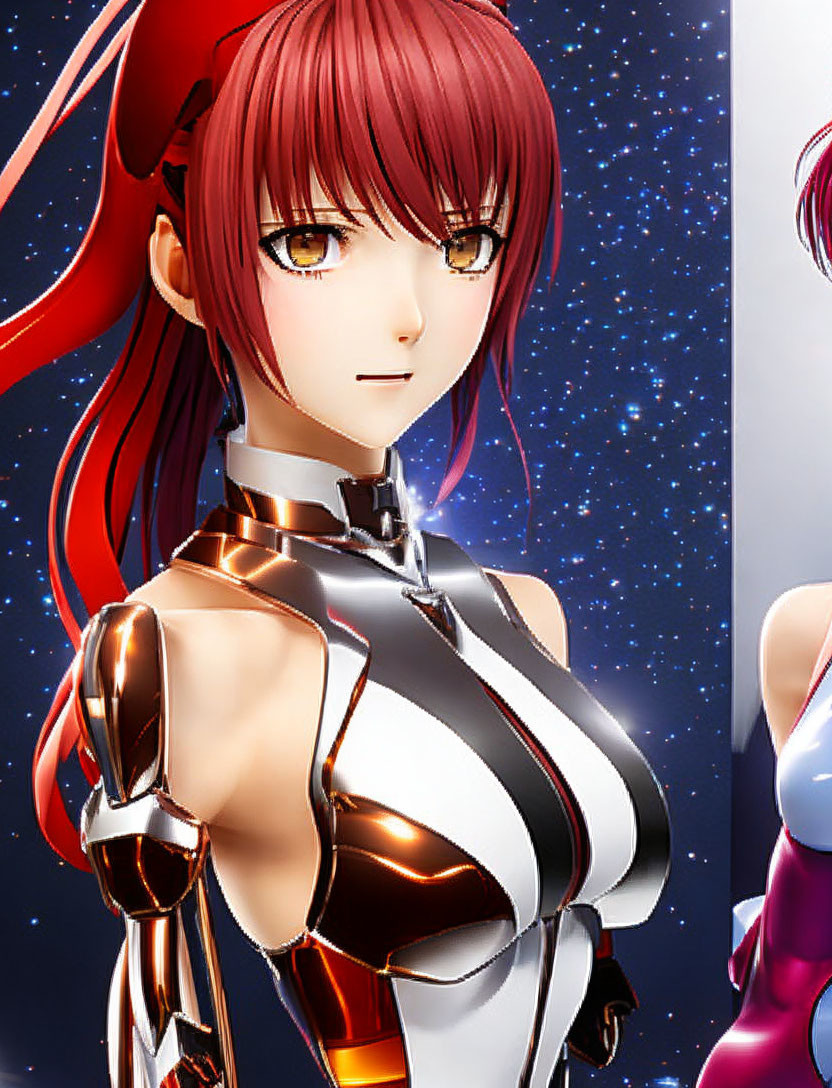 Red-Haired Anime Female Character in Futuristic Armor Suit