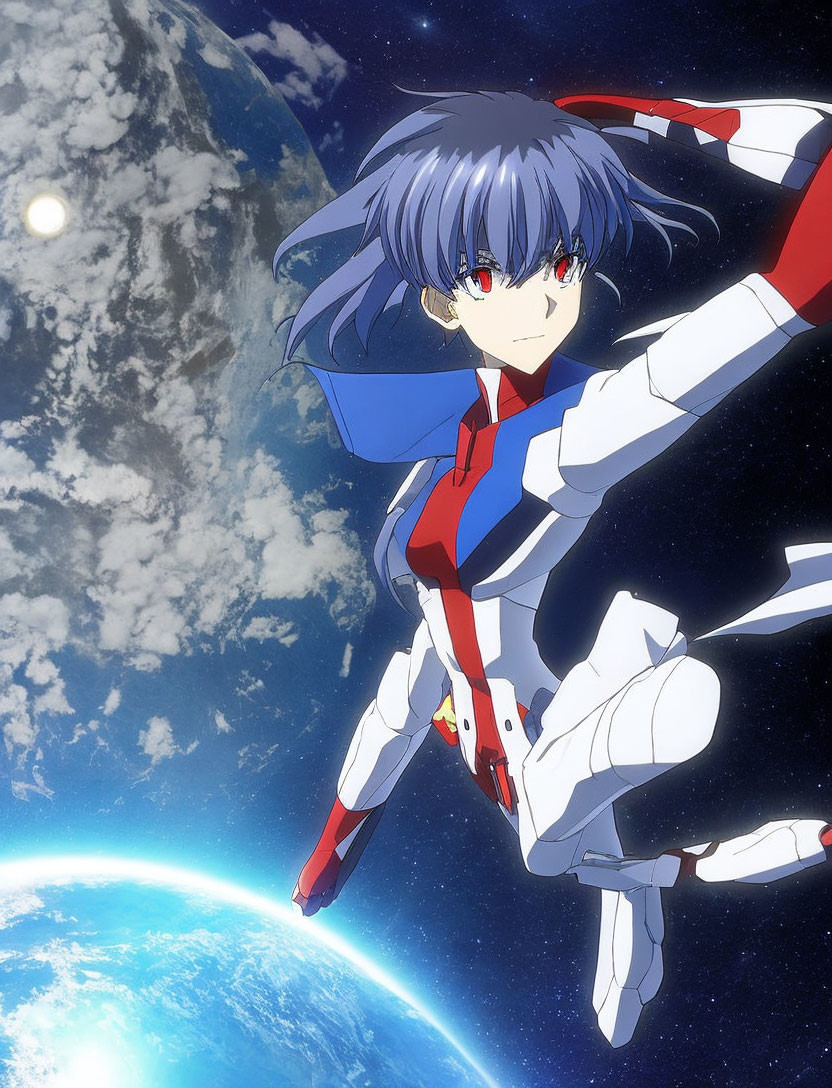 Blue-haired anime character in white and red suit floats in space with Earth and sun.