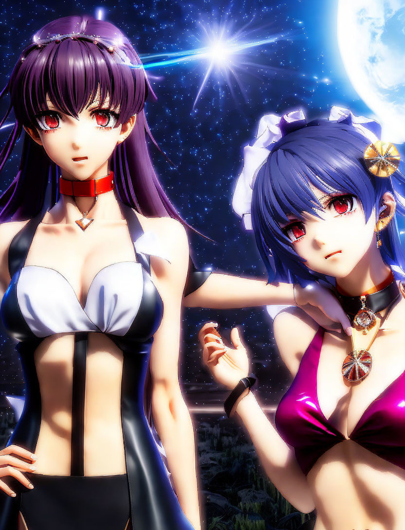 Two animated female characters with purple hair in elegant outfits under starry night sky