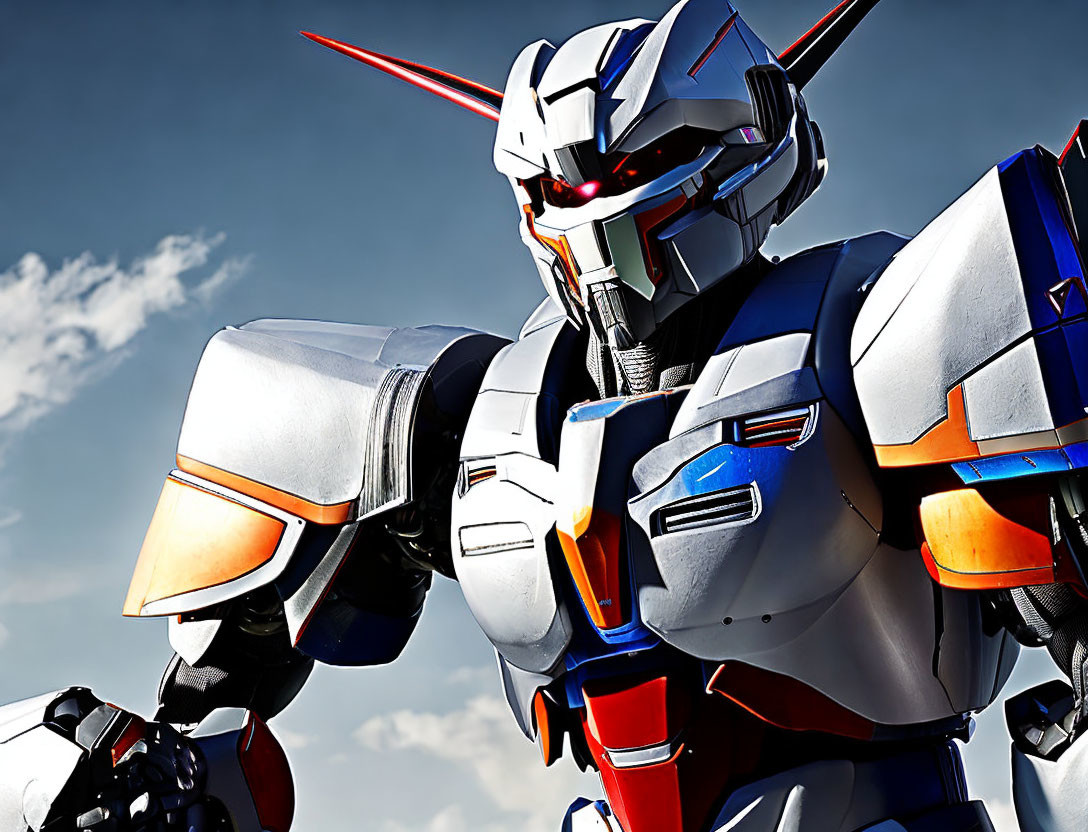 Detailed Robotic Figure with Red Eyes and White Armor on Blue Sky Background