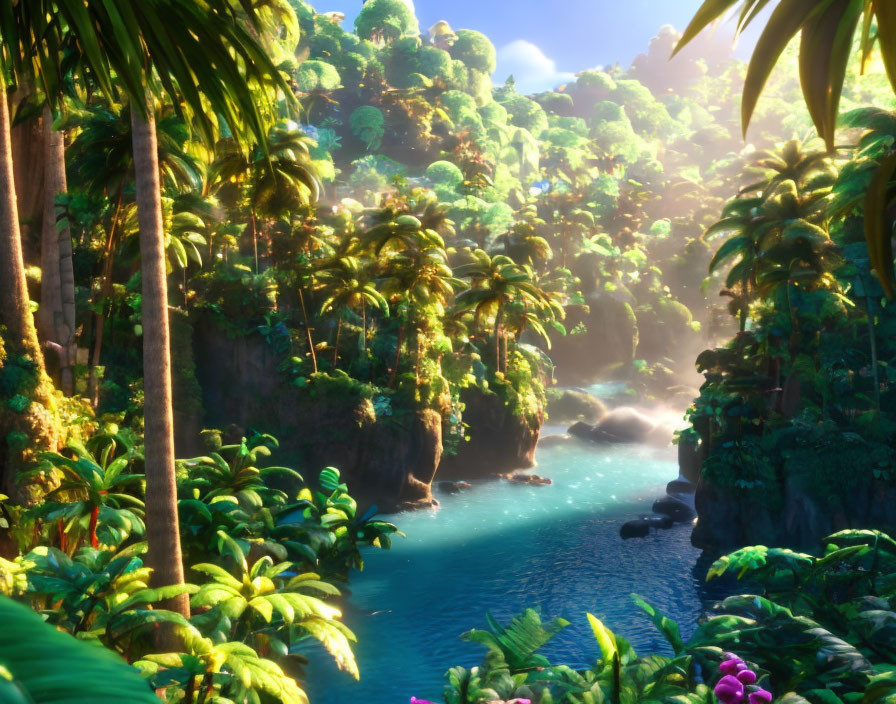 Tranquil tropical paradise: lush greenery, misty waterfalls, blue lagoon.