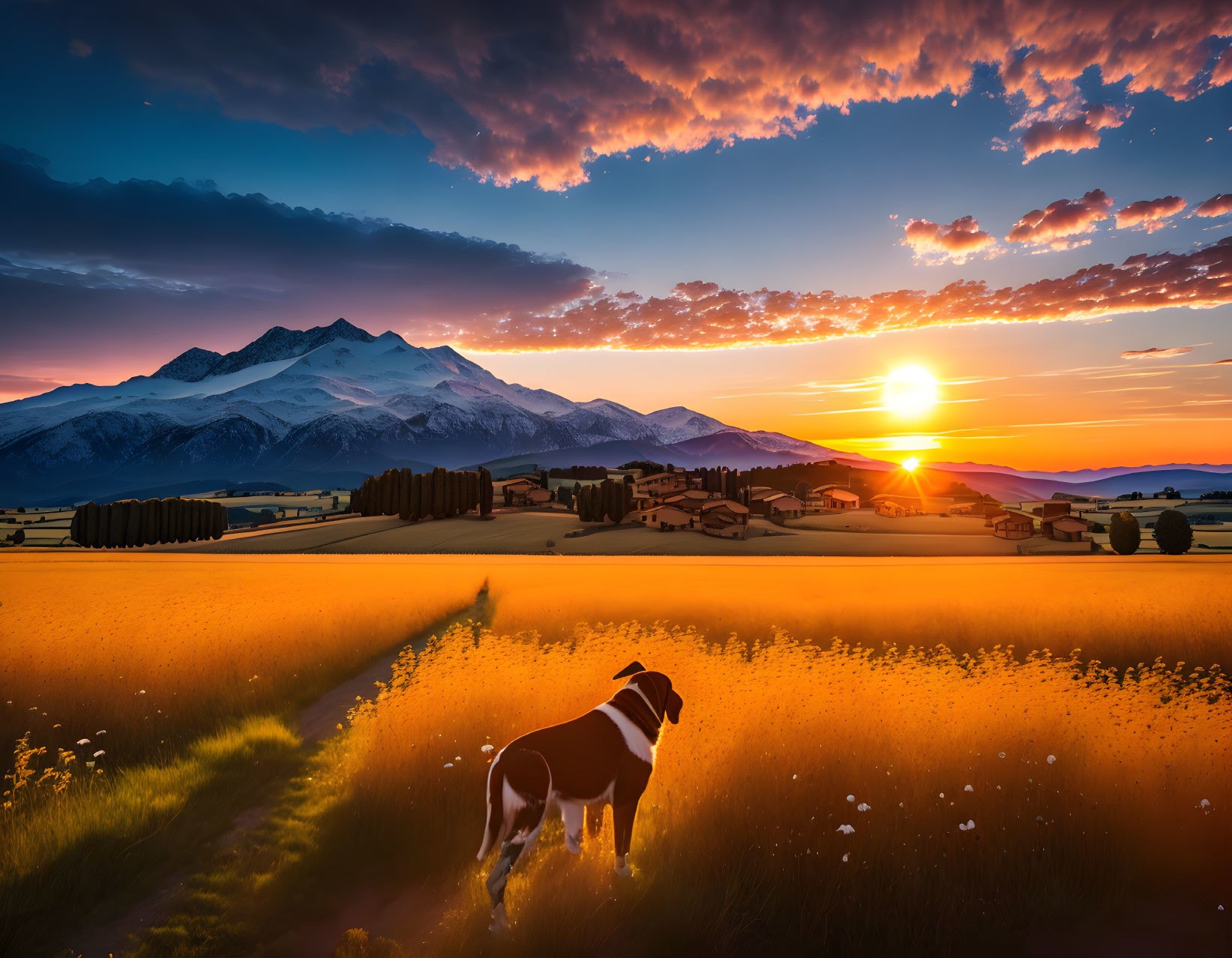 Dog in flowering field at sunset with snowy mountains and dramatic sky