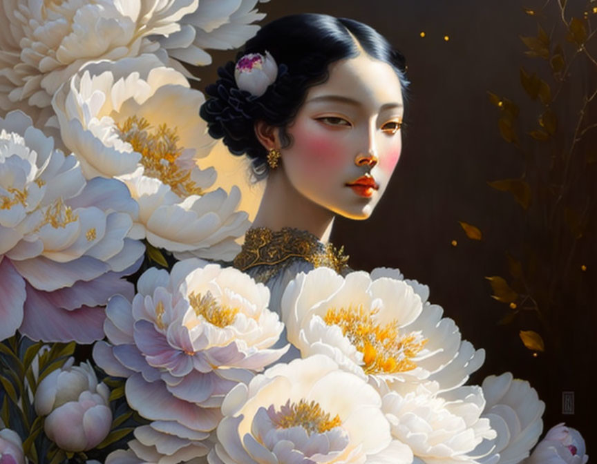 Stylized woman with white peonies and gold accents