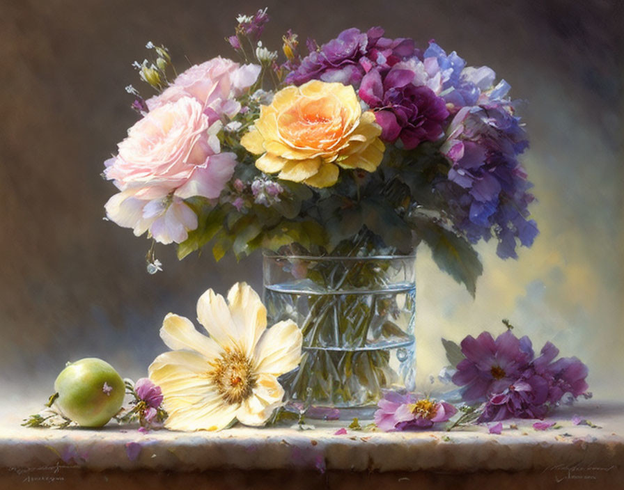 Colorful bouquet of flowers in glass vase with apple on table