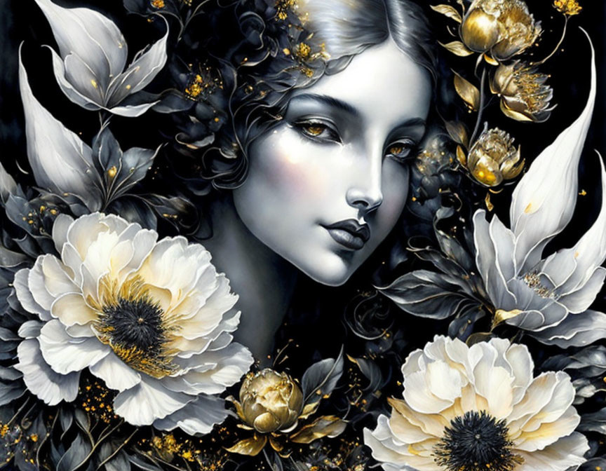 Surreal artwork featuring woman's face among black and white flowers