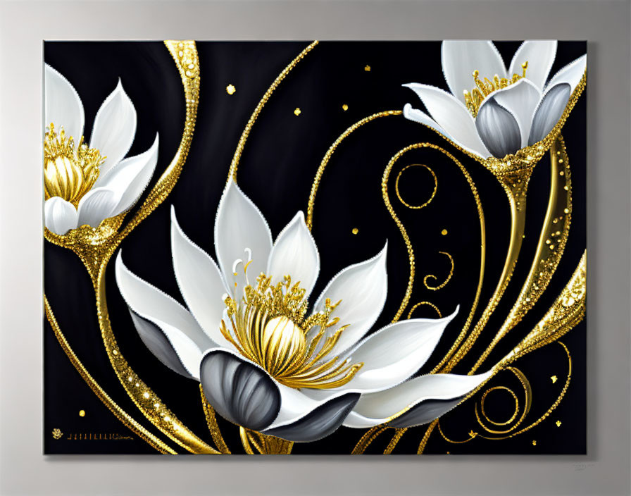 Stylized white flowers with gold embellishments on black background with golden swirls.