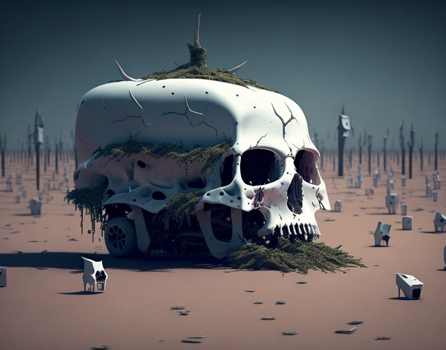 Surreal landscape with giant skull, overgrowth, desert, houses, and cow