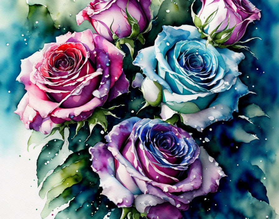 Vibrant watercolor painting of pink, purple, and blue roses with detailed dewy petals on