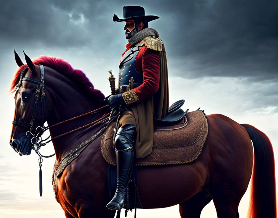 Historic military attire person riding horse under dramatic sky