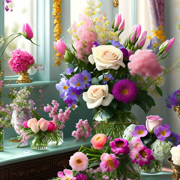 Colorful Floral Arrangement with Roses, Tulips, and Assorted Flowers on Table by Window