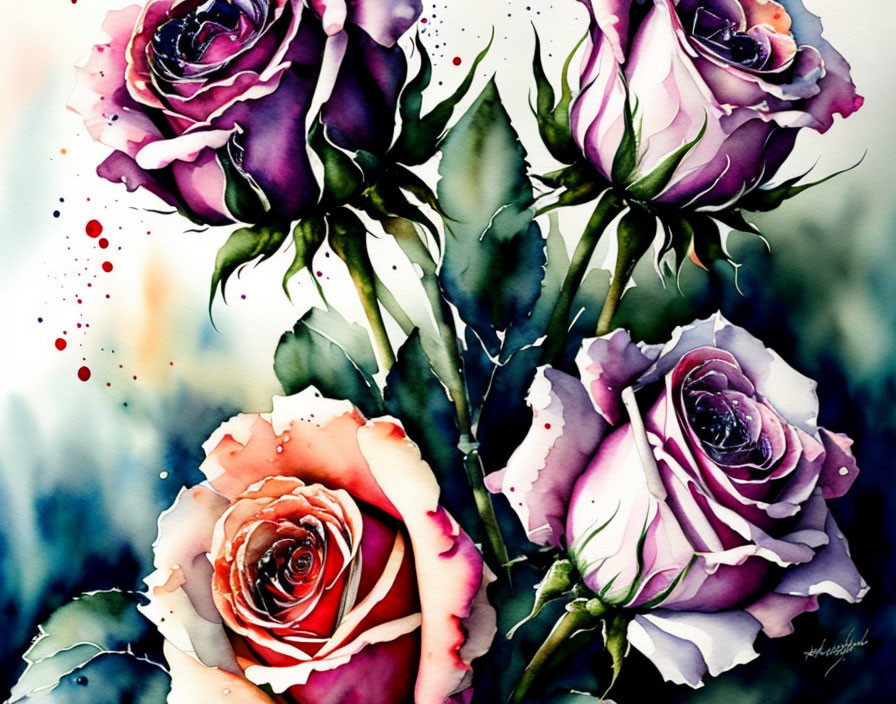 Vibrant watercolor painting of purple, pink, and orange roses with abstract paint droplets