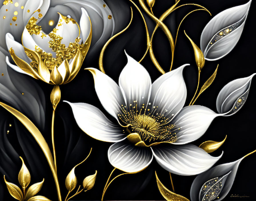 White and Gold Floral Design on Black Background with Gold Accents