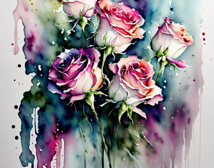 Multicolored roses watercolor painting with pink, purple, and white hues.