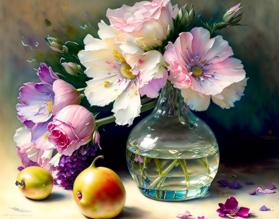 Colorful still-life painting with flowers, vase, pears, and petals.