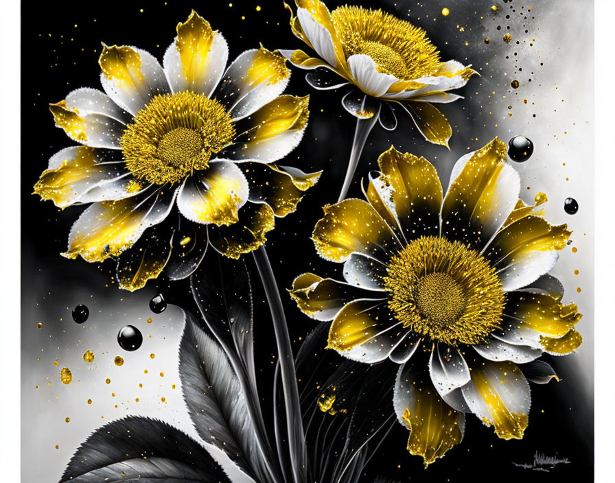 Abstract yellow and white flowers with splattered paint on dark background