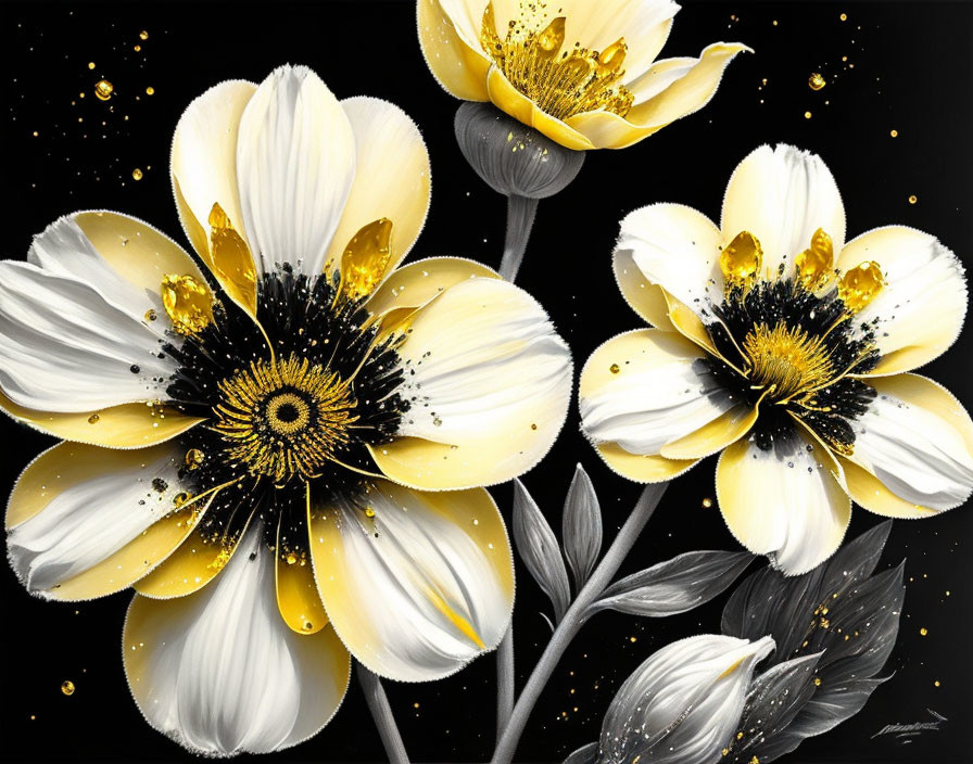 Cream and Black Flower Image with Golden Accents on Dark Background