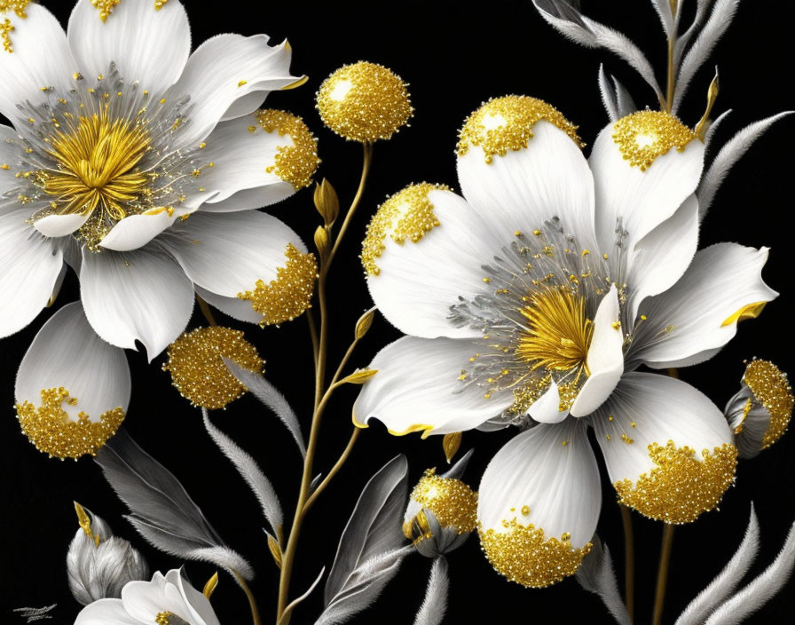 White and Gold Floral Illustration with Glitter on Black Background