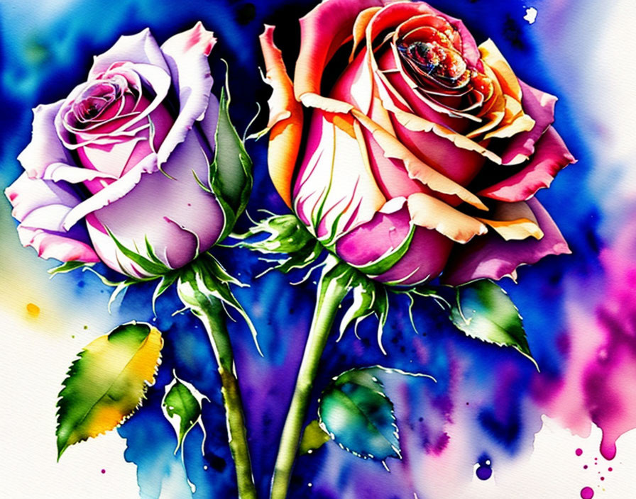 Vibrant watercolor painting featuring two roses and colorful background splashes