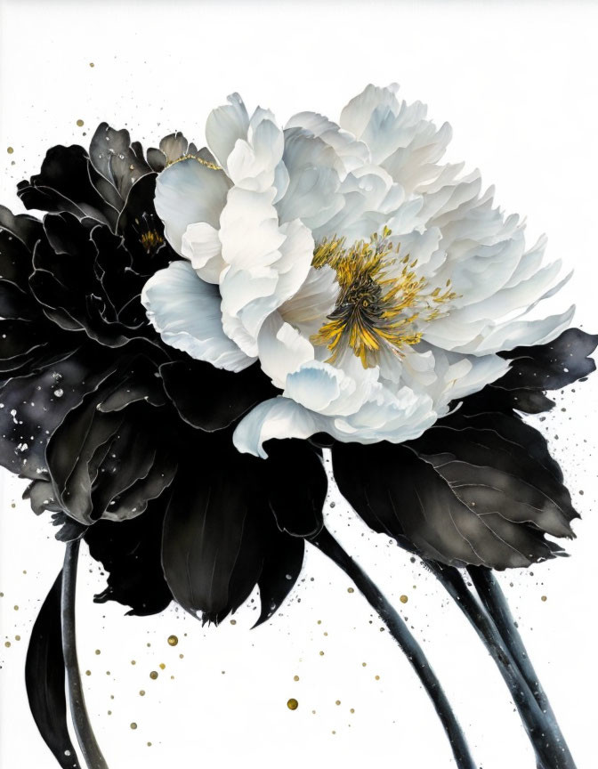 White Peony Painting with Blue and Gold Accents on Dark Petals