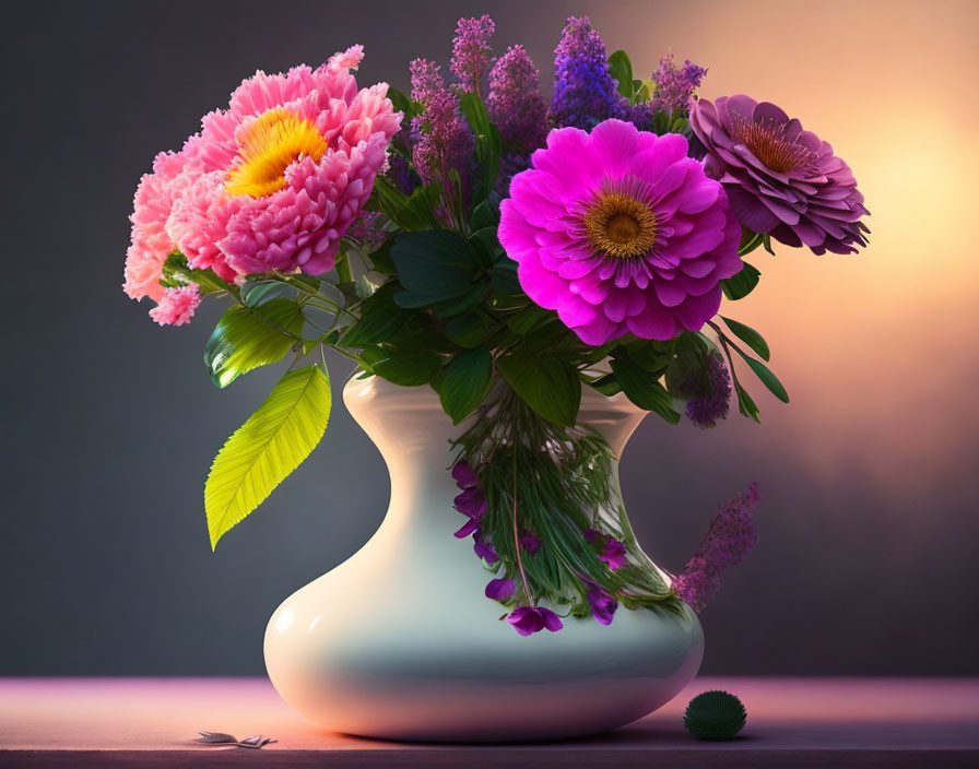 Colorful Flower Bouquet in White Vase on Moody Background