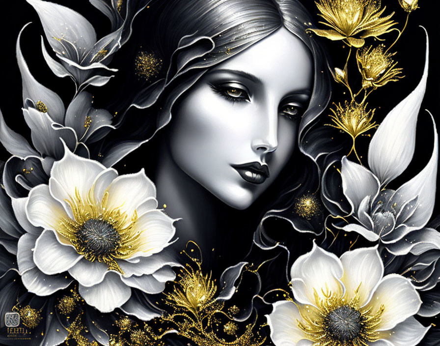 Grayscale portrait of a woman with gold and white floral hair elements