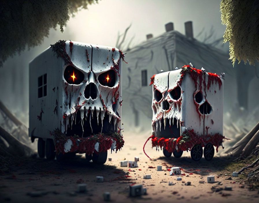 Menacing skull-shaped trailers with glowing red eyes in spooky, foggy setting