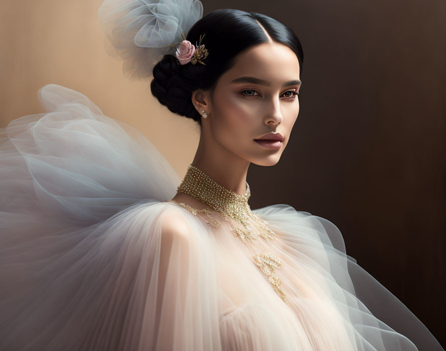 Woman with sleek bun hair, pink flower, tulle dress, and golden jewelry.