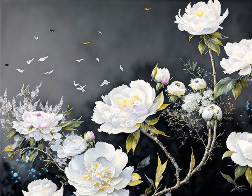 White Peonies Painting with Birds and Flowers on Dark Background