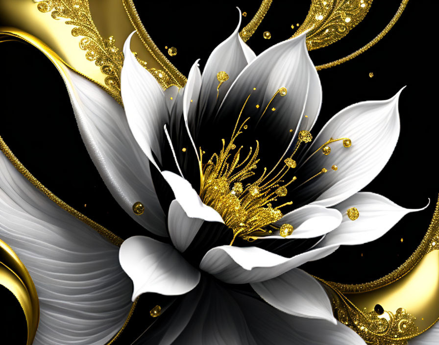 Stylized white flower with golden accents on black and gold backdrop