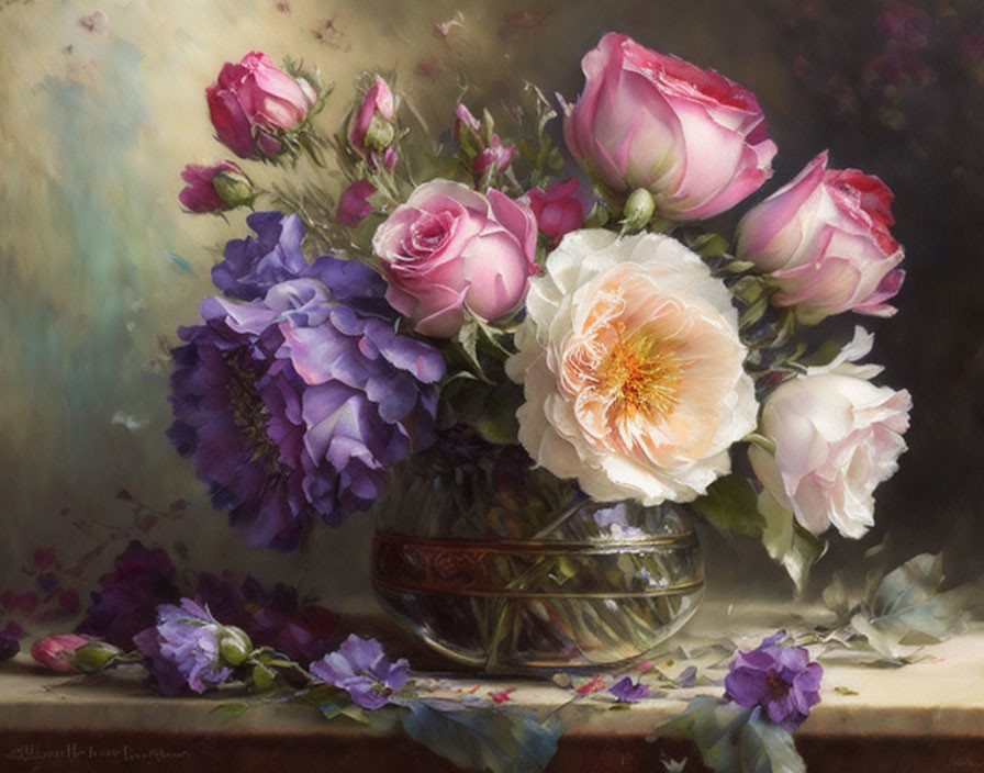 Still life painting: Bouquet of roses and purple flowers in glass vase