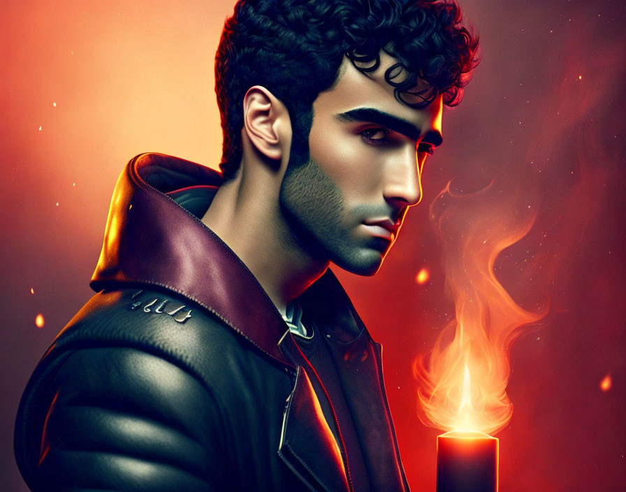 Profile View Man with Dark Curly Hair in Leather Jacket on Fiery Red Background