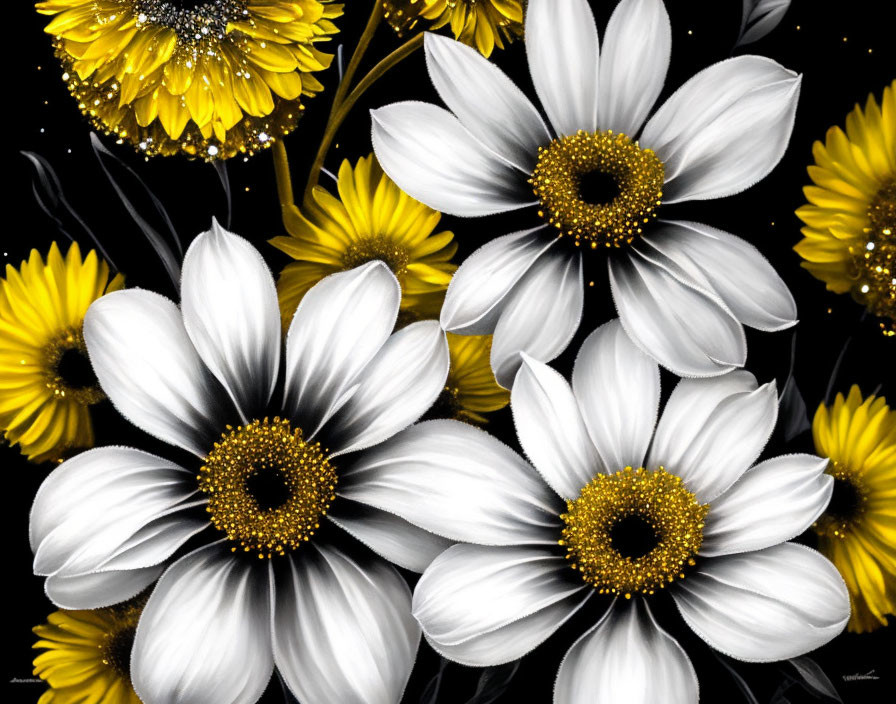 Detailed White and Yellow Flowers in Digital Art