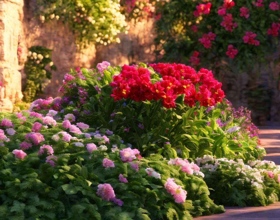 Serene garden with vibrant pink blooms and stone wall