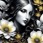 Surreal artwork featuring woman's face among black and white flowers