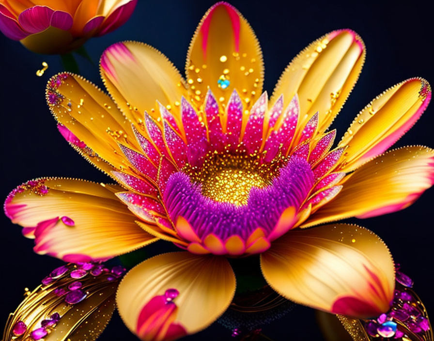 Colorful Lotus Flower Artwork with Yellow and Pink Hues on Dark Blue Background