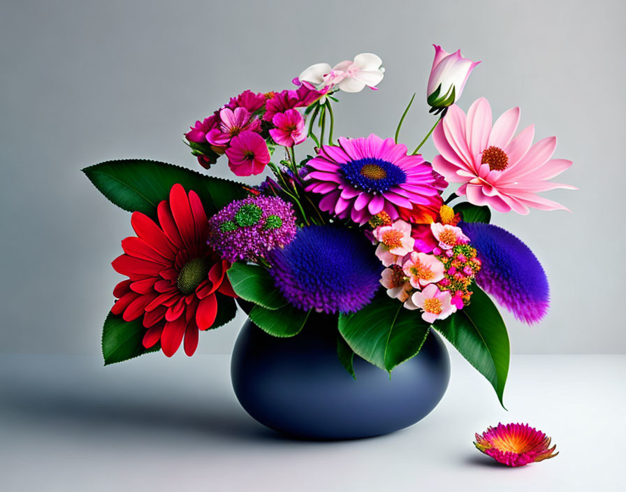 Colorful Flower Bouquet in Blue Vase on Grey Background