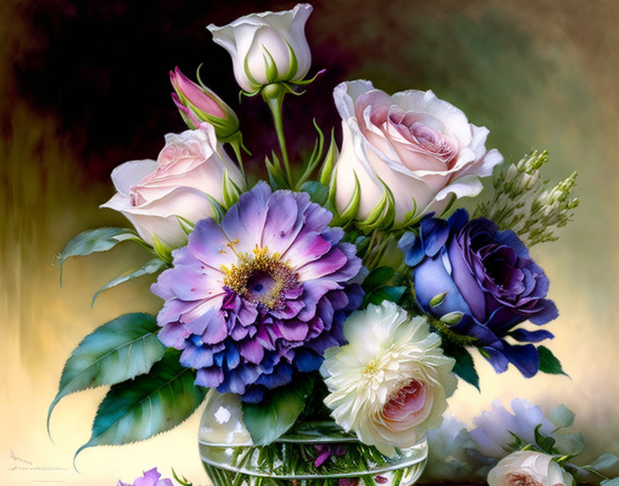 Pink, White, and Blue Roses and Peonies Floral Arrangement on Muted Background