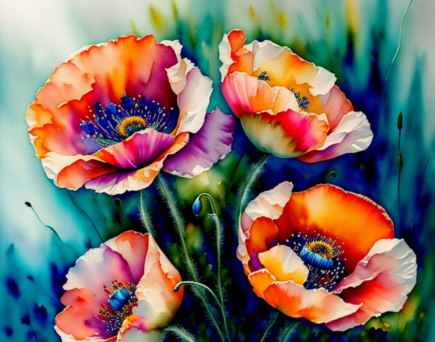 Colorful Watercolor Painting of Vibrant Poppies