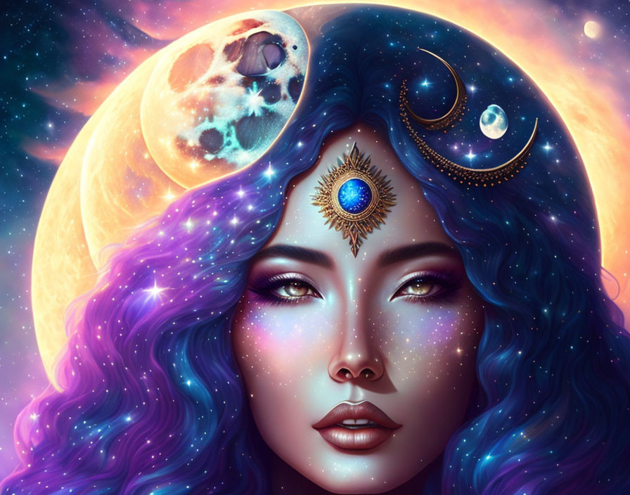 Illustration of woman with blue and purple hair, celestial eye, moon background.