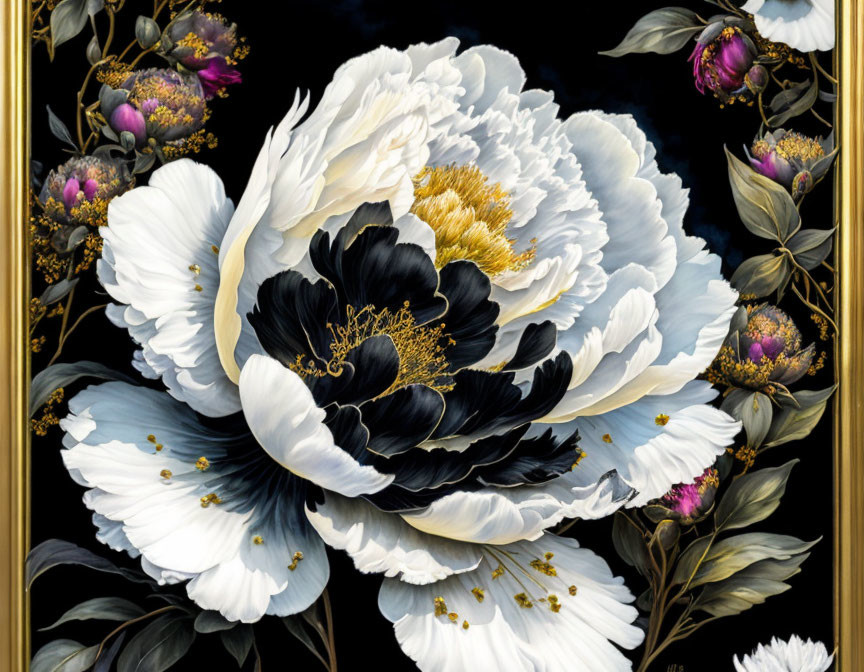 Detailed painting of white peony with black accents and golden details on dark background