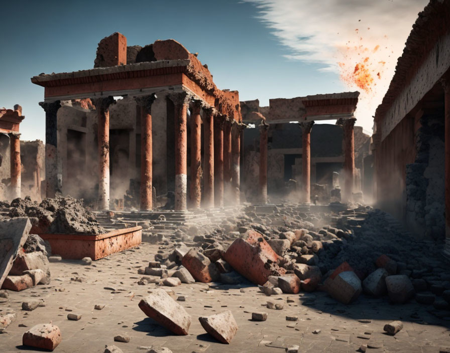 Ancient columns and arches amidst ruins and flames in the sky