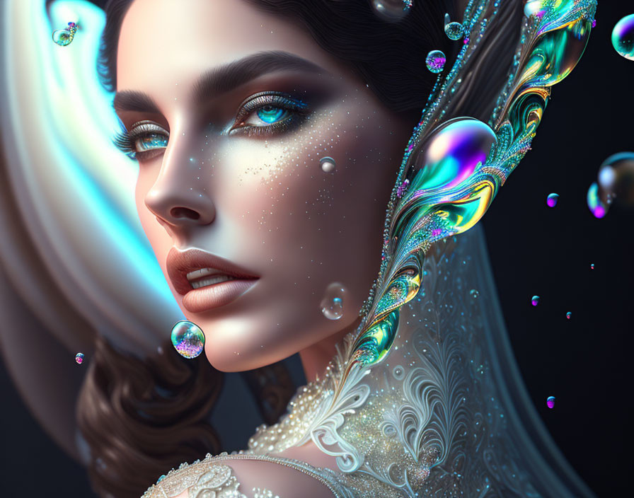 Digital artwork: Woman with shimmering adornments and iridescent bubbles