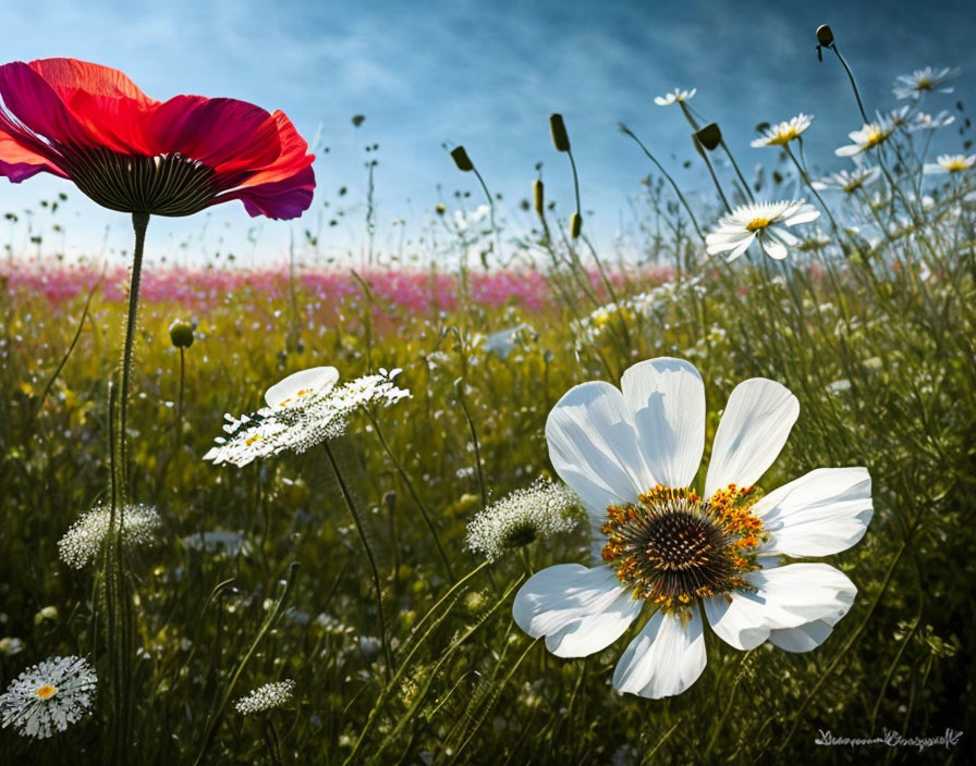 Colorful Field of Flowers with White Bloom and Red Poppy against Blue Sky