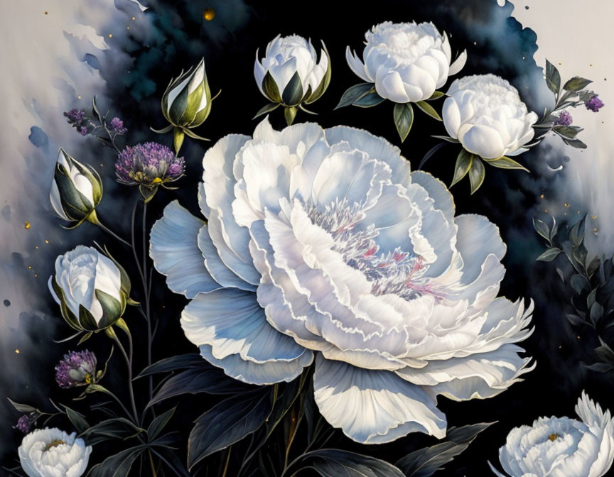 Detailed White Peonies with Purple Accents on Dark Background