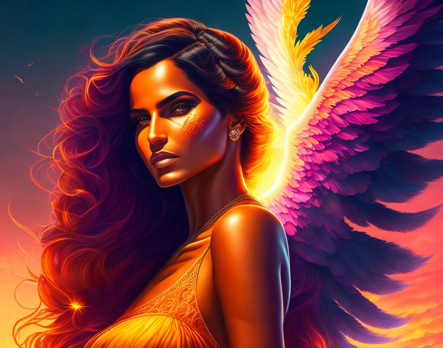 Illustration of woman with flowing hair and vibrant bird-like wings on fiery background