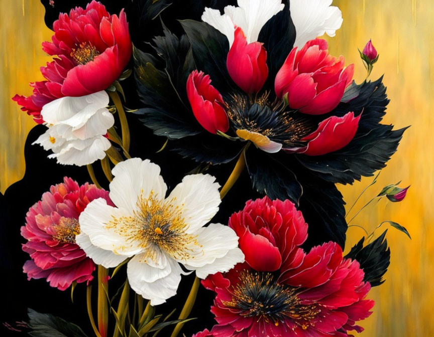 Detailed Painting of Red and White Peonies on Golden Background